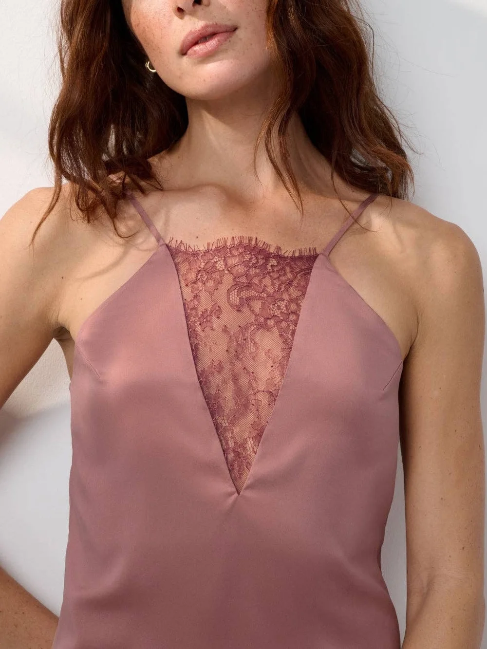 Lunya Washable Silk Lace-Trim Chemise Slip in Dusty Rose